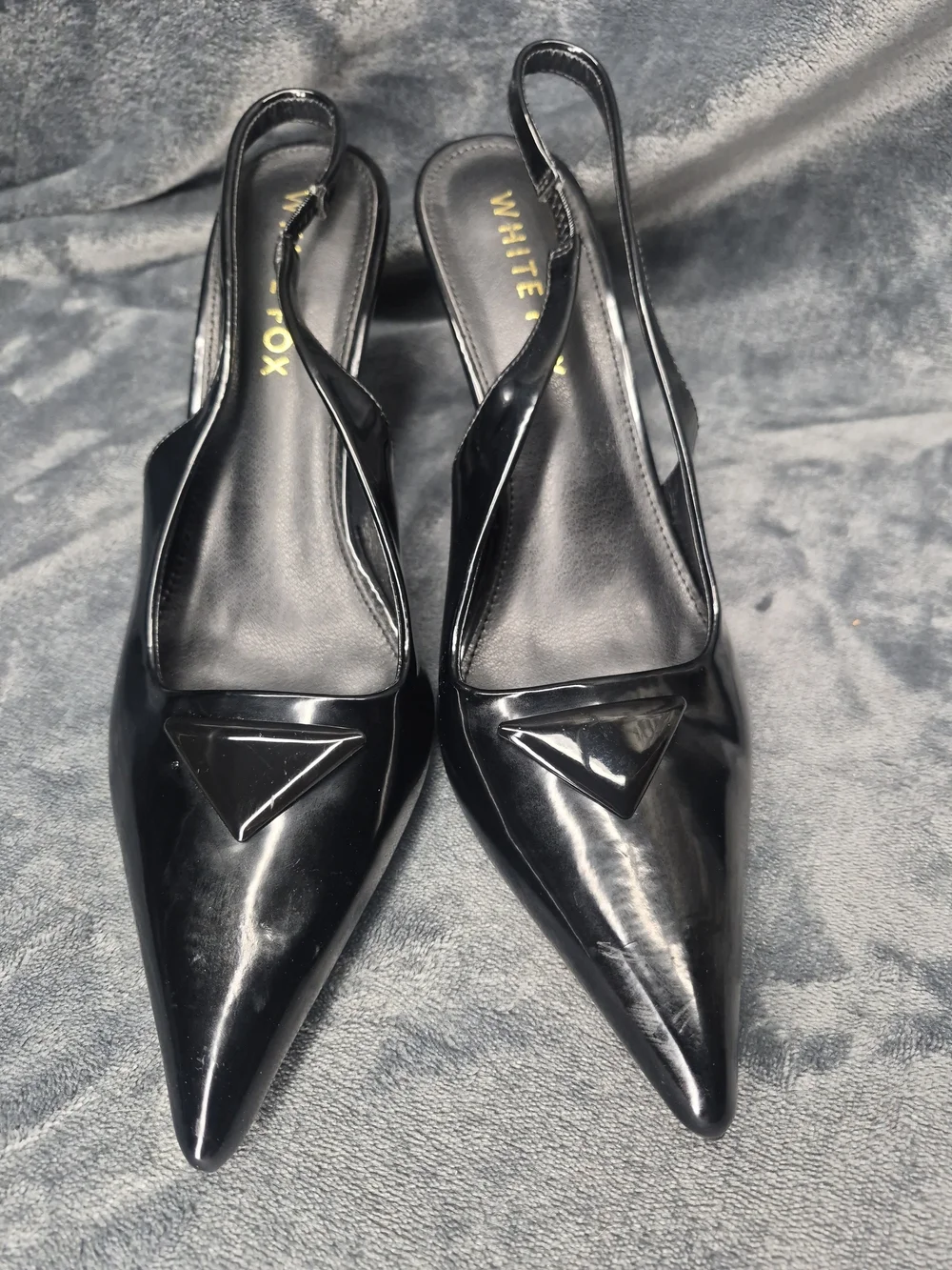White Fox Black  Patent Leather Slingback Heels Pointed Toe Stillettos Size 9